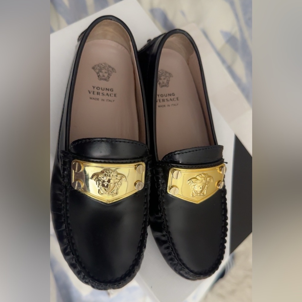 Young Versace Black Loafers with Gold Medusa Detail